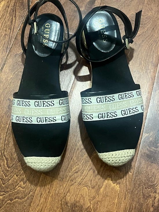 Guess Shoes - GUESS Black Espadrille Ankle-Strap Wedges with Logo Banding